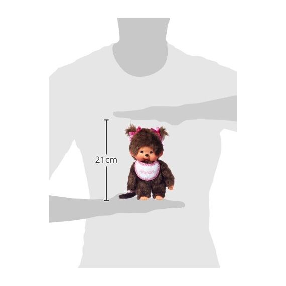Sekiguchi 255550 - Original Monchhichi Mädchen, Plüschtier mit weiß-pinkem Lätzchen und Zöpfen mit Schleifen, ca. 20 cm großes Kuscheltier aus braunem Plüsch