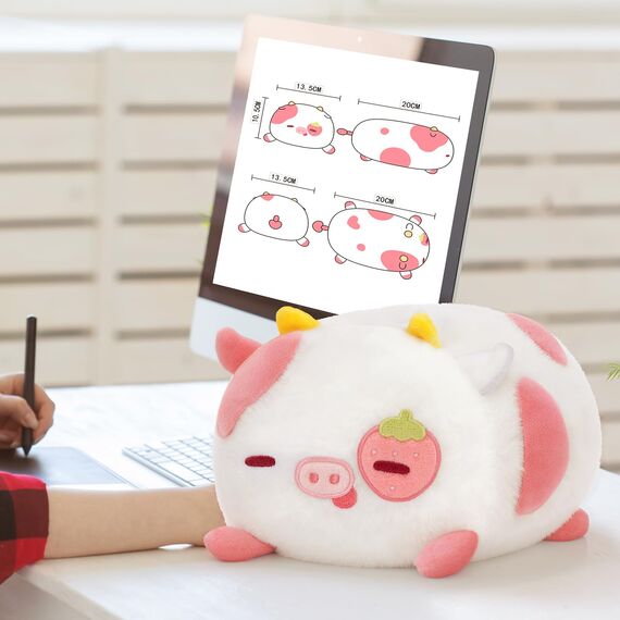 Mewaii Erdbeerkuh Plüschkissen 20CM Weiches Kawaii Kuscheltier für Kinder,Niedliches Erdbeerkuh Plüschtier,Perfektes Kuschelkissen und Geschenk