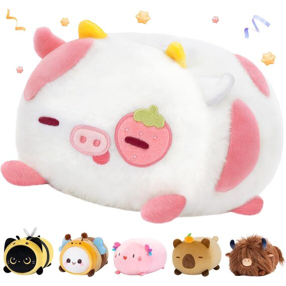 Mewaii Erdbeerkuh Plüschkissen 20CM Weiches Kawaii Kuscheltier für Kinder,Niedliches Erdbeerkuh Plüschtier,Perfektes Kuschelkissen und Geschenk