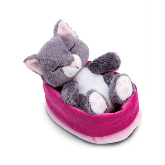 Kuscheltier Katze grau 12cm schlafend im Körbchen