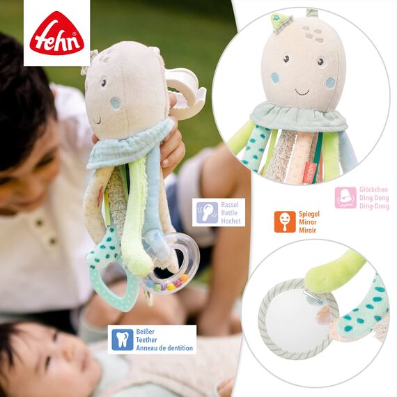 Fehn Activity-Spieltier Oktopus – Baby Motorikspielzeug für Kinderwagen, Kinderbett und Babyschale zum Beißen, Greifen und Geräusche erzeugen – Beißring Spielzeug für Babys und Kinder ab 0+ Monaten