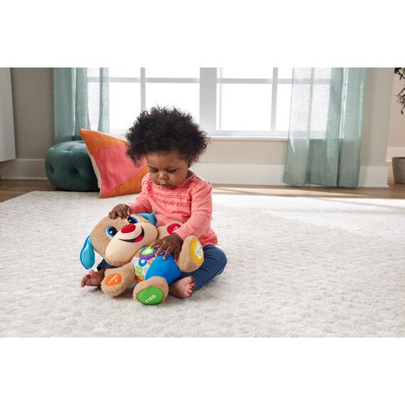 Fisher-Price Lernspaß-Hündchen mit drei Stufen | sprechendes Kuscheltier mit Musik als Kinderspielzeug und Baby Spielzeug | Interaktiver Teddybär, Version: Französisch, FPM44