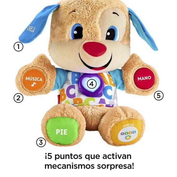 Fisher-Price Lernspaß-Hündchen mit drei Stufen | sprechendes Kuscheltier mit Musik als Kinderspielzeug und Baby Spielzeug | Interaktiver Teddybär, Version: Spanisch, FPM53