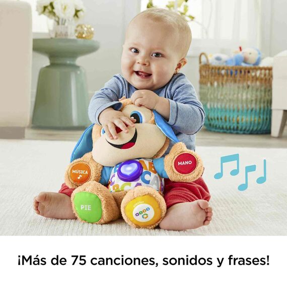 Fisher-Price Lernspaß-Hündchen mit drei Stufen | sprechendes Kuscheltier mit Musik als Kinderspielzeug und Baby Spielzeug | Interaktiver Teddybär, Version: Spanisch, FPM53