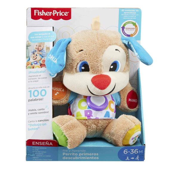 Fisher-Price Lernspaß-Hündchen mit drei Stufen | sprechendes Kuscheltier mit Musik als Kinderspielzeug und Baby Spielzeug | Interaktiver Teddybär, Version: Spanisch, FPM53