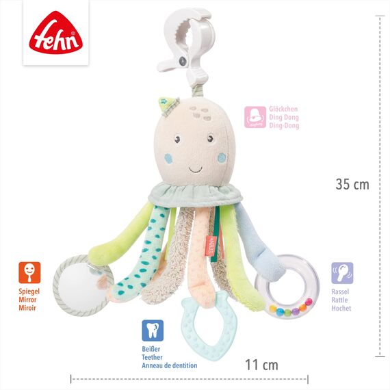 Fehn Activity-Spieltier Oktopus – Baby Motorikspielzeug für Kinderwagen, Kinderbett und Babyschale zum Beißen, Greifen und Geräusche erzeugen – Beißring Spielzeug für Babys und Kinder ab 0+ Monaten