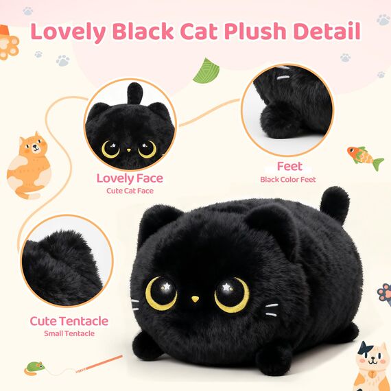 Mewaii Schwarze Katze Plüschkissen 20CM Weiches Kawaii Kuscheltier für Kinder,Niedliches Katze Plüschtier,Perfektes Kuschelkissen und Geschenk
