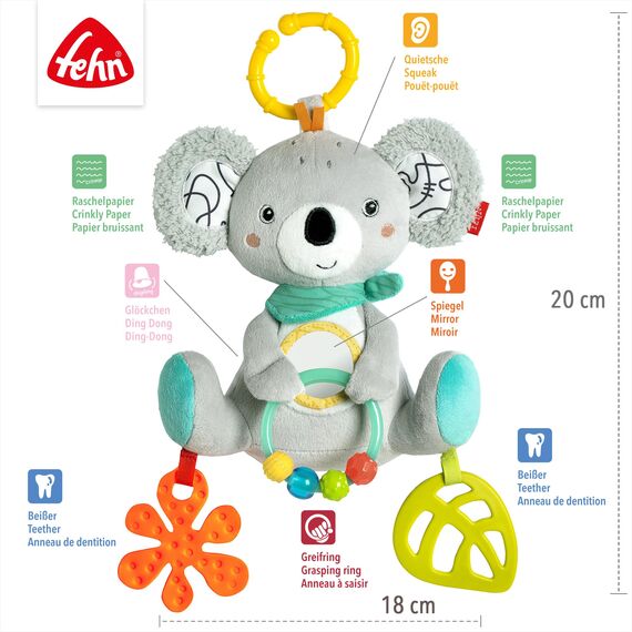 Fehn Activity-Koala – Baby Motorikspielzeug für Kinderwagen, Kinderbett und Babyschale – zum Beißen, Greifen und Geräusche erzeugen – Spielzeug für Babys und Kinder ab 3+ Monaten