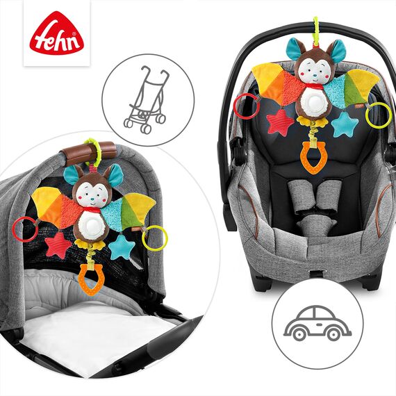 Fehn Activity-Spieltier Fledermaus – Baby Motorikspielzeug für Kinderwagen, Kinderbett und Babyschale zum Beißen, Greifen und Geräusche erzeugen - Beißring Spielzeug für Babys und Kinder ab 0+ Monaten