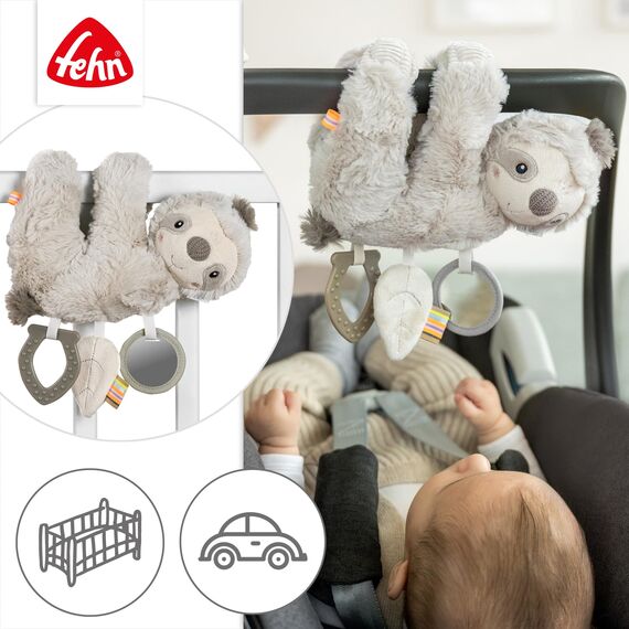 Fehn Activity-Faultier – Motorikspielzeug zum Aufhängen für Kinderwagen, Kinderbett und Babyschale – zum Beißen, Greifen und Geräusche erzeugen – Spielzeug für Babys und Kinder ab 0+ Monaten
