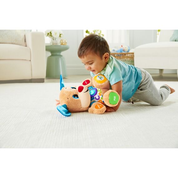 Fisher-Price Lernspaß-Hündchen mit drei Stufen | sprechendes Kuscheltier mit Musik als Kinderspielzeug und Baby Spielzeug | Interaktiver Teddybär, Version: Spanisch, FPM53