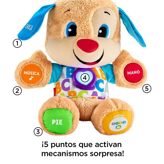 Fisher-Price Lernspaß-Hündchen mit drei Stufen | sprechendes Kuscheltier mit Musik als Kinderspielzeug und Baby Spielzeug | Interaktiver Teddybär, Version: Spanisch, FPM53