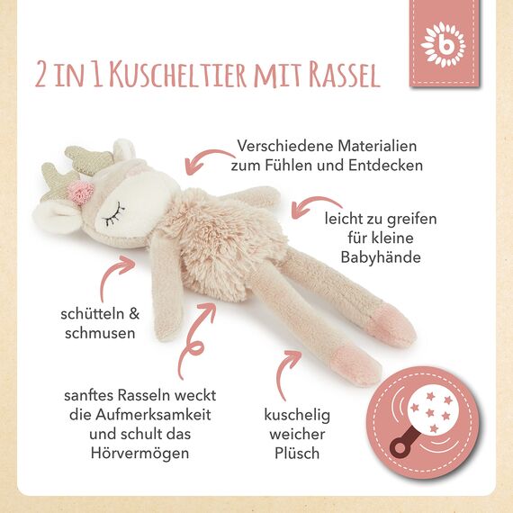 Bieco Kuscheltier Reh Ella mit Rassel | Baby Kuscheltier ab 0 Monate Stofftier Baby Plüschtier Reh rentier Kuscheltier Mädchen Kuscheltier Spieluhr Mädchen
