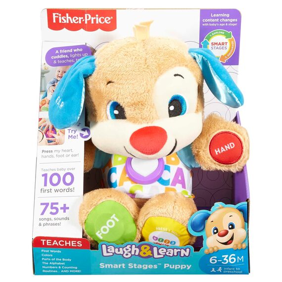 Fisher-Price Lernspaß-Hündchen mit drei Stufen | sprechendes Kuscheltier mit Musik als Kinderspielzeug und Baby Spielzeug | Interaktiver Teddybär, Version: Französisch, FPM44