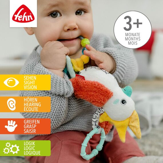 Fehn Zwitscher-Vogel – Baby Motorikspielzeug mit Perlenring für Kinderwagen, Kinderbett und Babyschale – zum Fühlen, Greifen und Geräusche erzeugen – Spielzeug für Babys und Kinder ab 3+ Monaten
