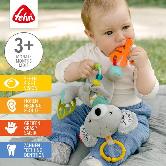 Fehn Activity-Koala – Baby Motorikspielzeug für Kinderwagen, Kinderbett und Babyschale – zum Beißen, Greifen und Geräusche erzeugen – Spielzeug für Babys und Kinder ab 3+ Monaten