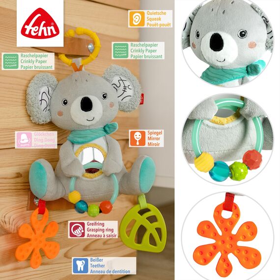 Fehn Activity-Koala – Baby Motorikspielzeug für Kinderwagen, Kinderbett und Babyschale – zum Beißen, Greifen und Geräusche erzeugen – Spielzeug für Babys und Kinder ab 3+ Monaten