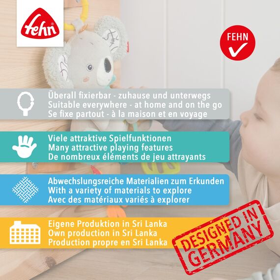 Fehn Activity-Koala – Baby Motorikspielzeug für Kinderwagen, Kinderbett und Babyschale – zum Beißen, Greifen und Geräusche erzeugen – Spielzeug für Babys und Kinder ab 3+ Monaten