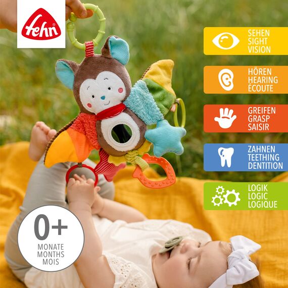 Fehn Activity-Spieltier Fledermaus – Baby Motorikspielzeug für Kinderwagen, Kinderbett und Babyschale zum Beißen, Greifen und Geräusche erzeugen - Beißring Spielzeug für Babys und Kinder ab 0+ Monaten