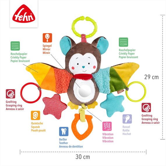 Fehn Activity-Spieltier Fledermaus – Baby Motorikspielzeug für Kinderwagen, Kinderbett und Babyschale zum Beißen, Greifen und Geräusche erzeugen - Beißring Spielzeug für Babys und Kinder ab 0+ Monaten