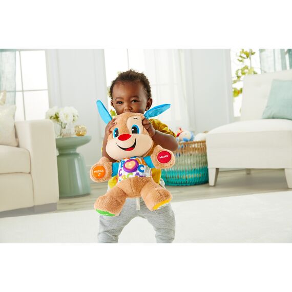 Fisher-Price Lernspaß-Hündchen mit drei Stufen | sprechendes Kuscheltier mit Musik als Kinderspielzeug und Baby Spielzeug | Interaktiver Teddybär, Version: Italienisch, FPM51