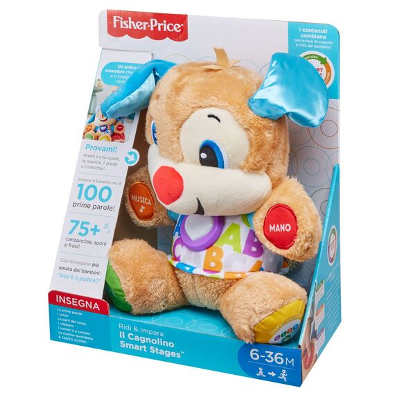 Fisher-Price Lernspaß-Hündchen mit drei Stufen | sprechendes Kuscheltier mit Musik als Kinderspielzeug und Baby Spielzeug | Interaktiver Teddybär, Version: Italienisch, FPM51
