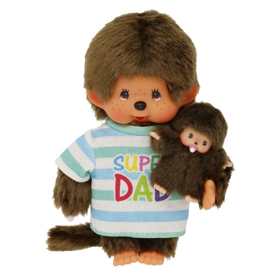 Sekiguchi 220960 - Original Monchhichi Junge, Plüschtier Papa mit Kind, Super Dad, ca. 20 cm großes Kuscheltier aus braunem Plüsch, Braun