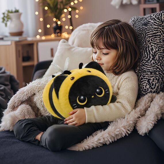 Mewaii Schwarze Katze Biene Plüschkissen 40CM Weiches Kawaii Kuscheltier für Kinder,Niedliches Katze Plüschtier,Perfektes Kuschelkissen und Geschenk