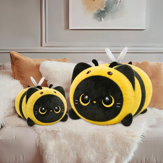 Mewaii Schwarze Katze Biene Plüschkissen 40CM Weiches Kawaii Kuscheltier für Kinder,Niedliches Katze Plüschtier,Perfektes Kuschelkissen und Geschenk