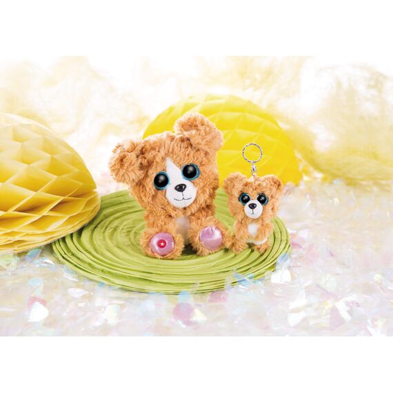 NICI 46312 Glubschis Hund Lollidog 9cm Schlüsselanhänger, Plüschtieranhänger mit Schlüsselring, Stofftierschlüsselhalter, braun/weiß