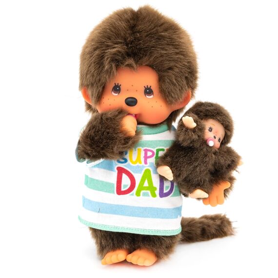 Sekiguchi 220960 - Original Monchhichi Junge, Plüschtier Papa mit Kind, Super Dad, ca. 20 cm großes Kuscheltier aus braunem Plüsch, Braun