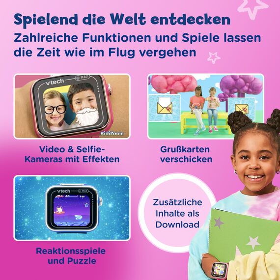 Vtech KidiZoom Smart Watch MAX Pink I Kinder-Smartwatch mit Duokamera I Touchscreen I 1,69 Zoll I Spiele, Apps, Musik I mit Elternkontrolle I spritzwasserfest I Für Kinder von 5–12 Jahre