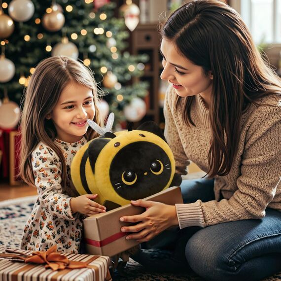 Mewaii Schwarze Katze Biene Plüschkissen 40CM Weiches Kawaii Kuscheltier für Kinder,Niedliches Katze Plüschtier,Perfektes Kuschelkissen und Geschenk