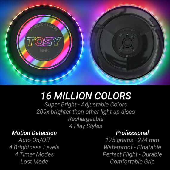 TOSY Flying Disc – 108 RGB-LEDs (Mehrfarbig), hell, Smart-Modi, Ostergeschenk, Outdoor-Spielzeug für Kinder & Erwachsene, Auto-Aufleuchten, wiederaufladbar, wasserdicht, 175 g