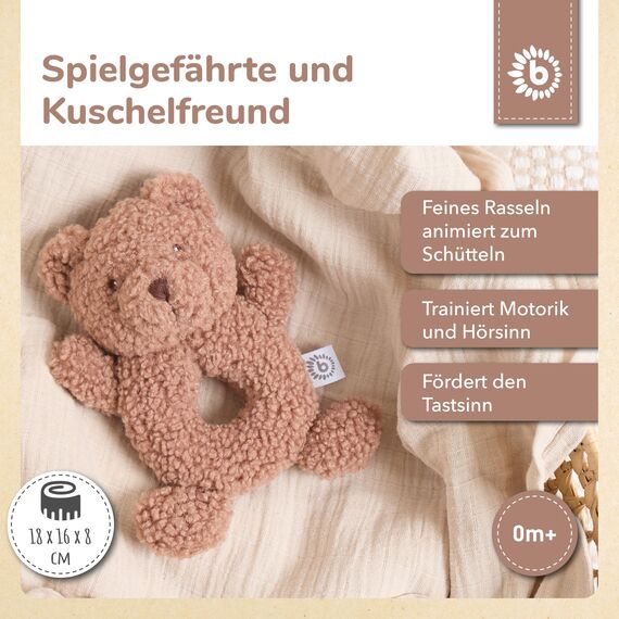 Bieco Kuscheltier Bär Mika mit Rassel | Teddybär aus Bouclé | Baby Plüsch Bär Stofftier | Plüschtier Teddy Rassel Tedy Bear Kuscheltier Plüschtier Baby Gute Besserung Teddy Bär ab 0 Monate