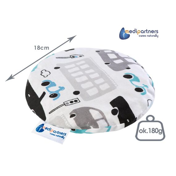 Medi Partners Kirschkernkissen Mikrowelle für Babys 180g rund 15cm Körnerkissen Wärmekissen 100% Baumwolle Öko Natur - Kirschkernkissen Wärme + Kältetherapie Massagetherapie (Graue Autos)