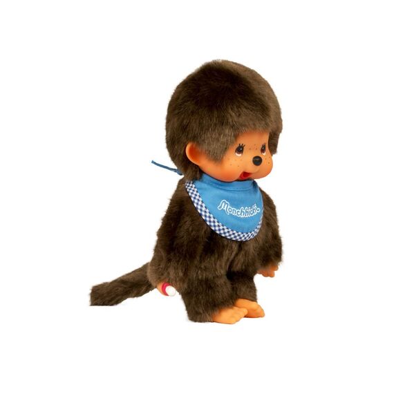 Sekiguchi 255040 - Original Monchhichi Junge, Plüschtier mit blauem Lätzchen und Zöpfen mit Schleifen, ca. 20 cm großes Kuscheltier aus braunem Plüsch, Braun