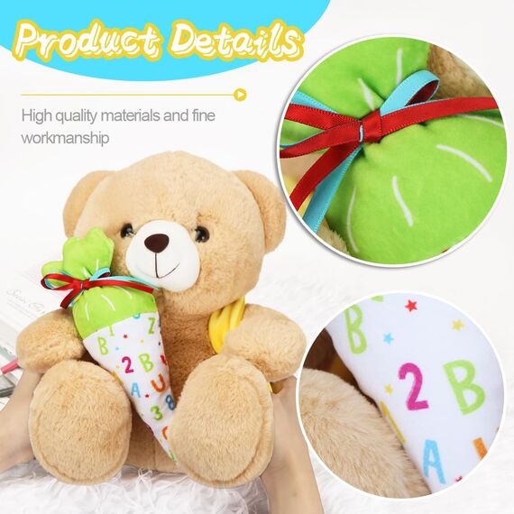 Aurasky Teddy Kuscheltier Einschulung, Teddy Plüschbär Schulanfang Geschenke, Teddy Bear mit Schultüte und Schultüten zum Befüllen, Plüschteddy für Einschulung Geschenk Jungen Mädchen 28cm