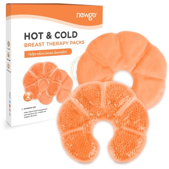 NEWGO 3-in-1 Groß Kühlpads Brust Stillen, 2 Stück Still Kompressen Kühlpads & Wärmekissen für die Brust, Weicher Stoff Zurück Fleece (orange) 20cm X 17cm