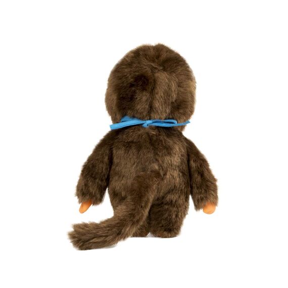 Sekiguchi 255040 - Original Monchhichi Junge, Plüschtier mit blauem Lätzchen und Zöpfen mit Schleifen, ca. 20 cm großes Kuscheltier aus braunem Plüsch, Braun