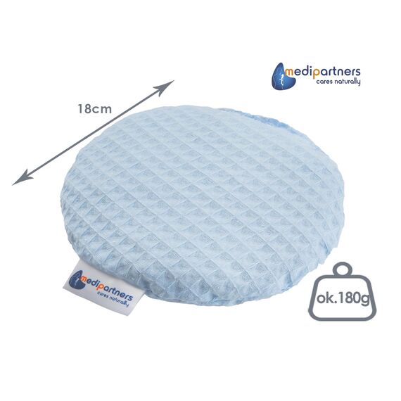 Medi Partners Kirschkernkissen Mikrowelle für Babys 180g rund 15cm Körnerkissen Wärmekissen 100% Baumwolle Öko Natur - Kirschkernkissen Wärme + Kältetherapie Massagetherapie (Blau Waffel)