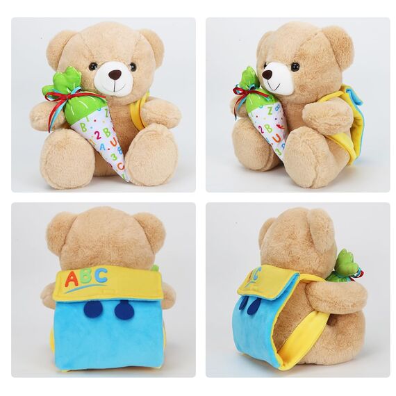 Aurasky Teddy Kuscheltier Einschulung, Teddy Plüschbär Schulanfang Geschenke, Teddy Bear mit Schultüte und Schultüten zum Befüllen, Plüschteddy für Einschulung Geschenk Jungen Mädchen 28cm