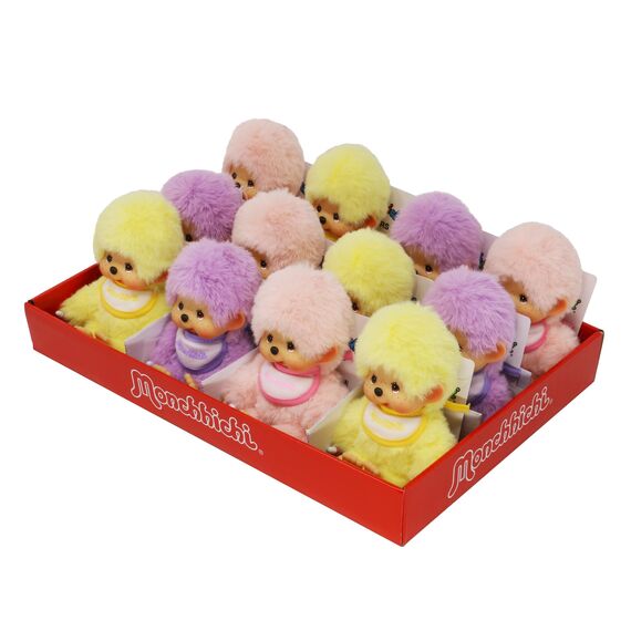 Sekiguchi 201495 - Original Monchhichi, Plüschtier sortiert in Gelb, Lila und Rosa, ca. 15 cm großes Kuscheltier aus weichem Plüsch