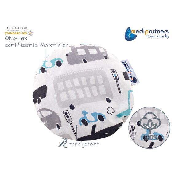 Medi Partners Kirschkernkissen Mikrowelle für Babys 180g rund 15cm Körnerkissen Wärmekissen 100% Baumwolle Öko Natur - Kirschkernkissen Wärme + Kältetherapie Massagetherapie (Graue Autos)