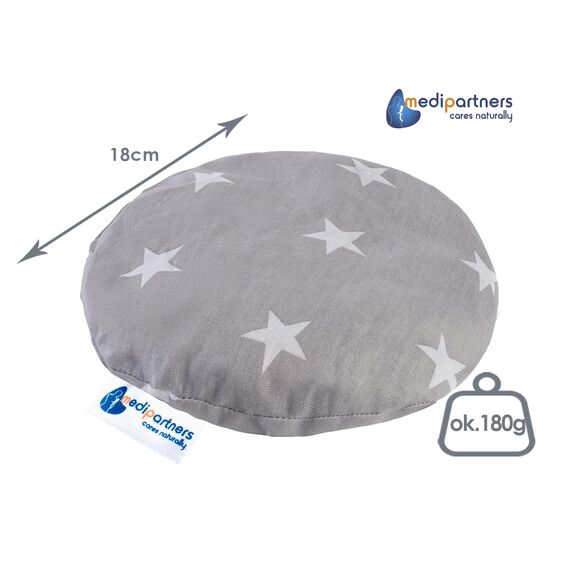 Medi Partners Kirschkernkissen Mikrowelle für Babys 180g rund 15cm Körnerkissen Wärmekissen 100% Baumwolle Öko Natur - Kirschkernkissen Wärme + Kältetherapie Massagetherapie (weiße Sterne mit grau)