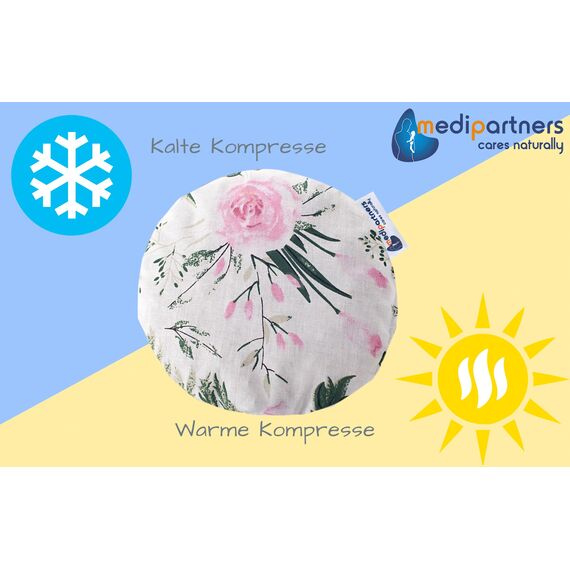 Medi Partners Kirschkernkissen Mikrowelle für Babys 180g rund 15cm Körnerkissen Wärmekissen 100% Baumwolle Öko Natur - Kirschkernkissen Wärme + Kältetherapie Massagetherapie (rosa Blüten)