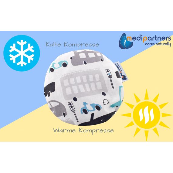 Medi Partners Kirschkernkissen Mikrowelle für Babys 180g rund 15cm Körnerkissen Wärmekissen 100% Baumwolle Öko Natur - Kirschkernkissen Wärme + Kältetherapie Massagetherapie (Graue Autos)