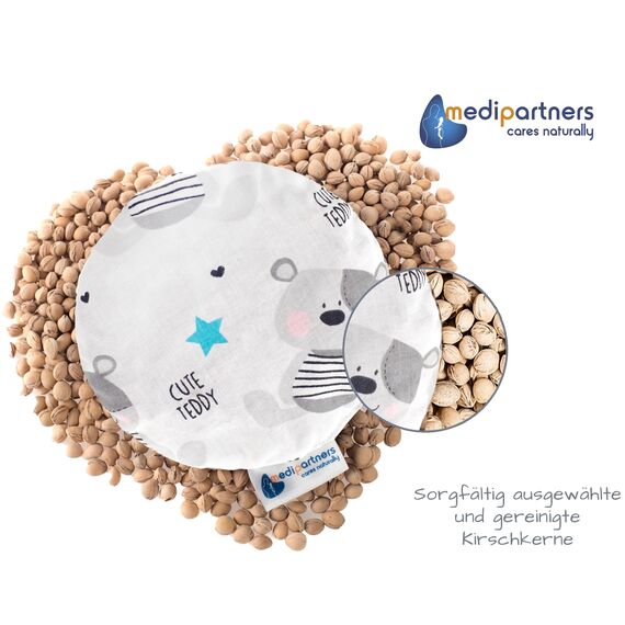 Medi Partners Kirschkernkissen Mikrowelle für Babys 180g rund 15cm Körnerkissen Wärmekissen 100% Baumwolle Öko Natur - Kirschkernkissen Wärme + Kältetherapie Massagetherapie (Teddybär)