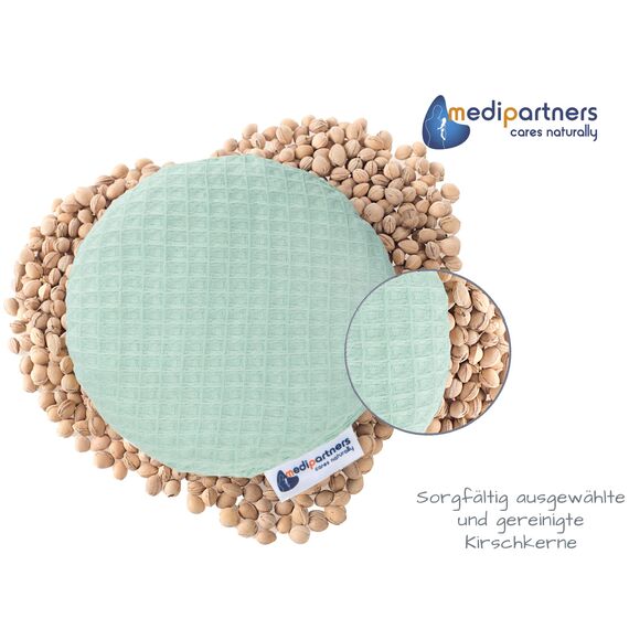 Medi Partners Kirschkernkissen Mikrowelle für Babys 180g rund 15cm Körnerkissen Wärmekissen 100% Baumwolle Öko Natur - Kirschkernkissen Wärme + Kältetherapie Massagetherapie (Minze Waffel)