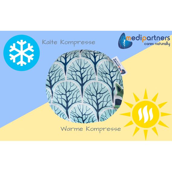 Medi Partners Kirschkernkissen Mikrowelle für Babys 180g rund 15cm Körnerkissen Wärmekissen 100% Baumwolle Öko Natur - Kirschkernkissen Wärme + Kältetherapie Massagetherapie (Waschbär im Wald)